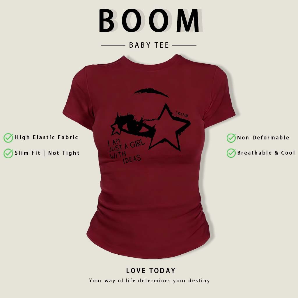 BOOM Áo Baby Tee Nữ Cotton Ôm Body-Áo Thun Ngắn Tay Y2K In Hình PhongCách Mùa Hè, Cổ Tròn Hàng Đầucách hàn quốc phongW23