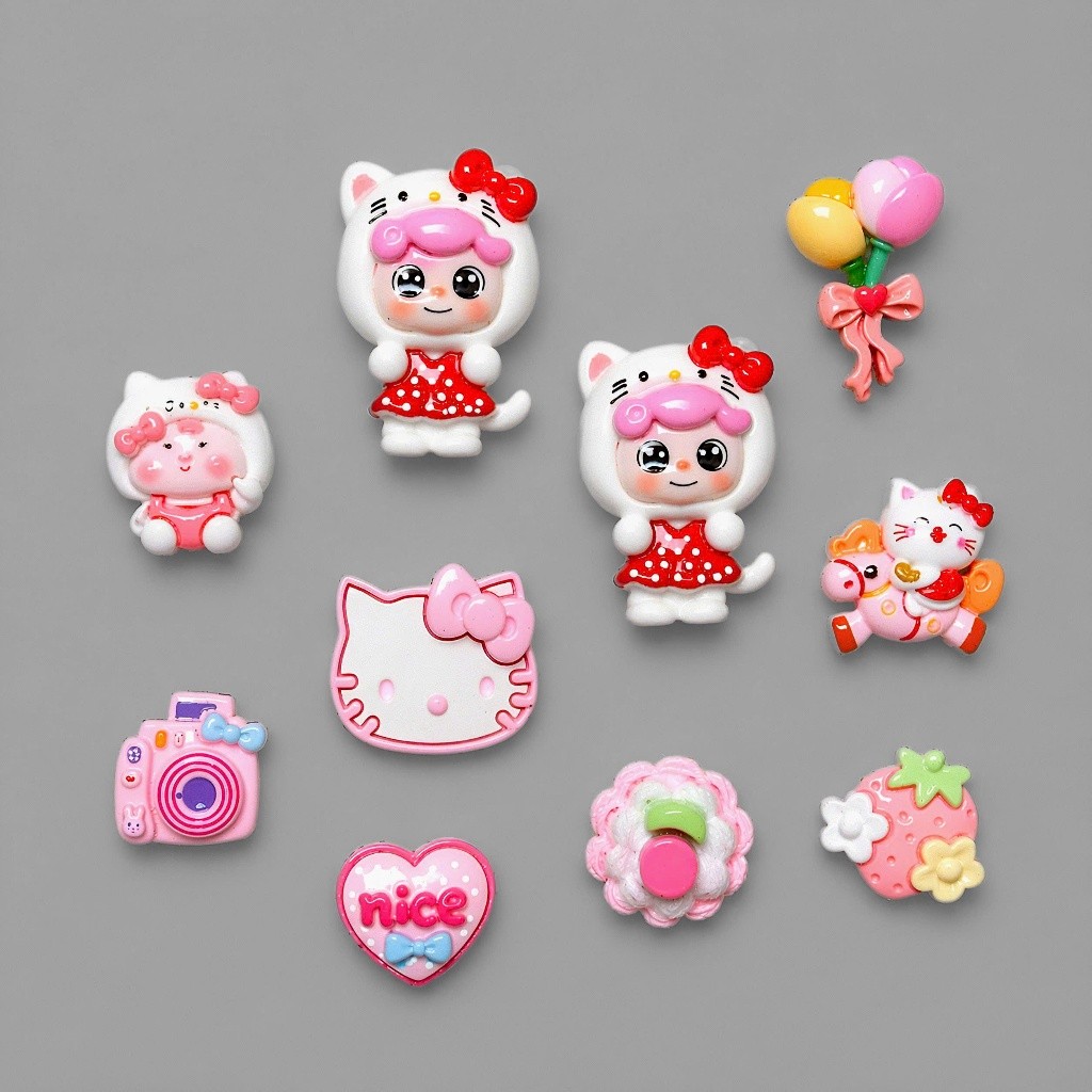 Set Charm gắn dép Hello Kitty Sweet Girl – Mèo Kitty Váy Đỏ Chấm Bi, Kẹo Tim Nice, Dâu Tây, Phong Cách Cute Ngọt Ngào
