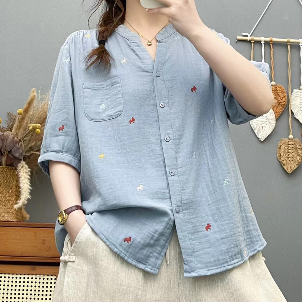 Áo sơ mi nữ tay ngắn, cổ chữ V, dáng rộng cỡ lớn