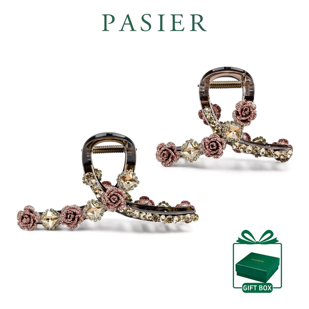 PASIER Kẹp tóc hoa hồng, thiết kế lãng mạn, đính đá tông vàng, phụ kiện tóc, FB2009