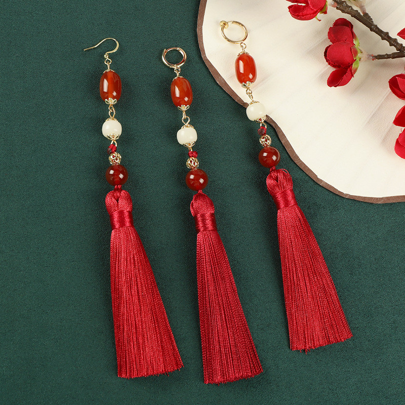 Bông Tai Tua Rua Mã Não Retro, Phong Cách Hanfu, Sản Phẩm Cao Cấp