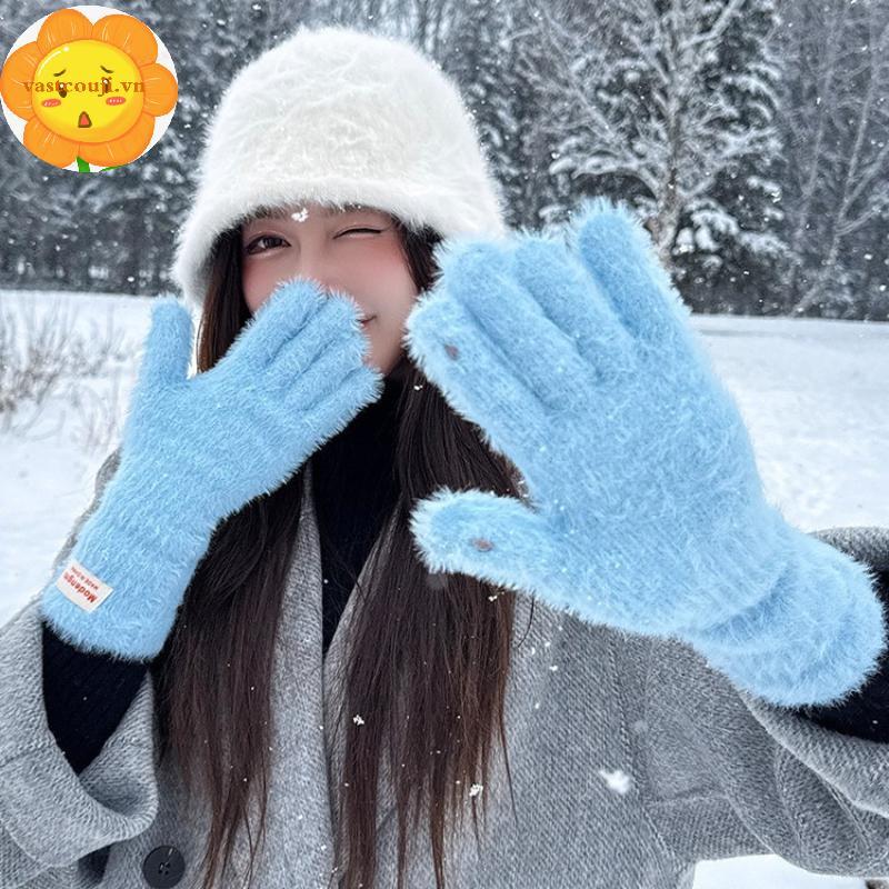 Găng tay nữ mùa đông dày dệt kim nhung, chạm màn hình được, màu trơn - Quà tặng sang trọng