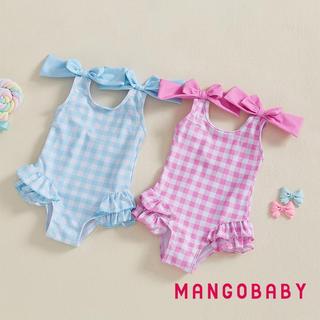 MG-Toddler Đồ Bơi Bé Gái Áo Liền Quần Kẻ Sọc Xù Hai Nơ Trang Trí Đồ Đi Biển Không Tay Mùa Hè Đi Biển Bộ Đồ Tắm