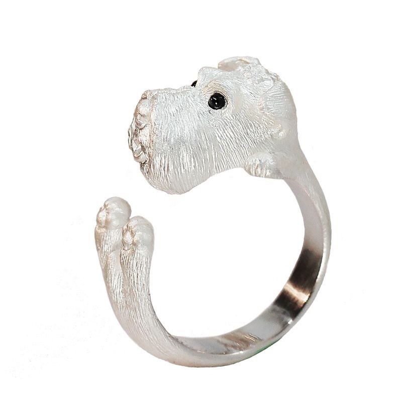 Thiết Kế Ban Đầu Handmade Schnauzer Puppy Động Vật Nhẫn Mở Nhẫn Kẻ Sọc Cặp Đôi Chữ Miễn Phí Tanabata