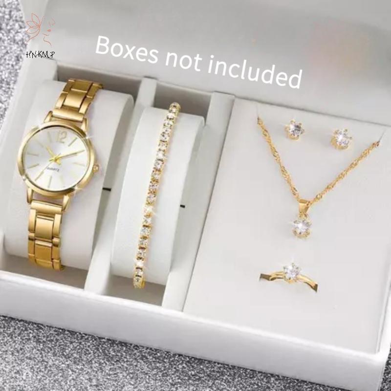 HBNMP - Bộ trang sức nữ thời trang gồm 6 món: đồng hồ thạch anh, vòng cổ, bông tai và dây chuyền với chi tiết kim cương giả.