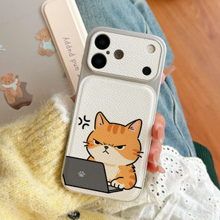 Ốp điện thoại Grumpy Puppy Cat Worker cho iPhone 17 / 16 / Pro Max / 15Plus / 14 / 13 / 12 / 11 / Kết cấu da phủ kim loại Vỏ bảo vệ chống sốc và chống rơi
