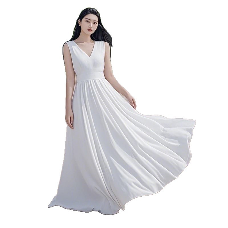 Đầm dài mùa hè bằng vải voan, phong cách bãi biển cao cấp mới, đầm không tay thanh lịch cho kỳ nghỉ bên biển