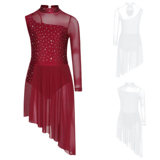 Yhong Trẻ Em Bé Gái Bất Đối Xứng Lời Khiêu Vũ Trang Phục Mock Cổ Cutout Sheer Lưới Chắp Vá Sáng Bóng Kim Cương Giả Bên Chia Đầm Khiêu Vũ