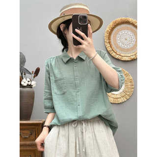 Sẵn sàng - Áo sơ mi nữ 100% cotton mùa hè mới, tay ngắn