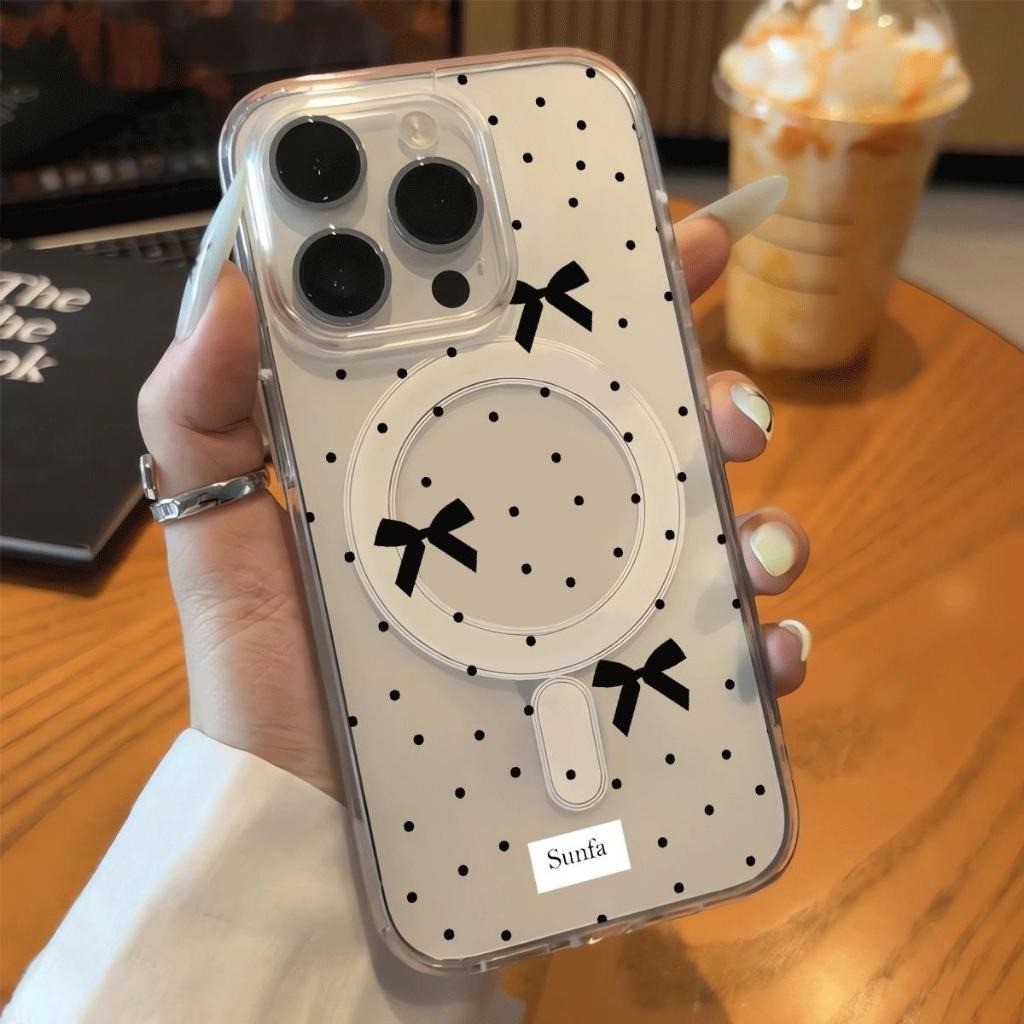 Nơ màu đen sóng điểm phù hợp với iphone 17_16plu chống thấm nước 15_14 dễ thương mới 13_12_11