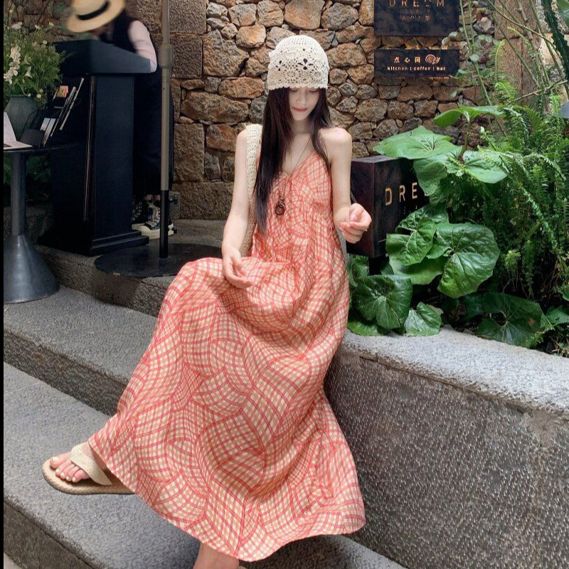 Đầm nữ màu cam phong cách retro, cổ chữ V, dáng chữ A - Perfect cho ngày lễ và mùa hè