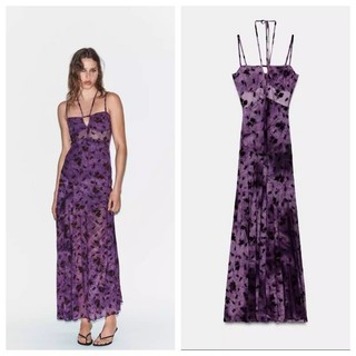 Đầm Zara made in Morocco ren voan hoa tím 2 dây midi lady quyến rũ
