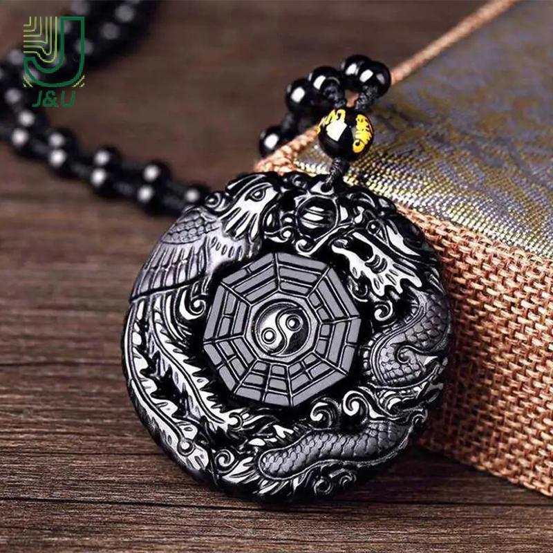 Dây chuyền obsidian tự nhiên khắc rồng và phượng hoàng, bùa hộ mệnh Bagua dành cho nữ