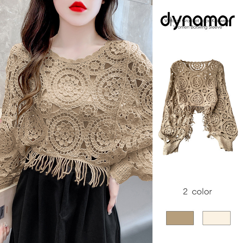 【dynamar】Áo len móc ren cổ điển dành cho nữ, tay cánh dơi, có tua rua, dáng rộng, tay dài, kiểu croptop.