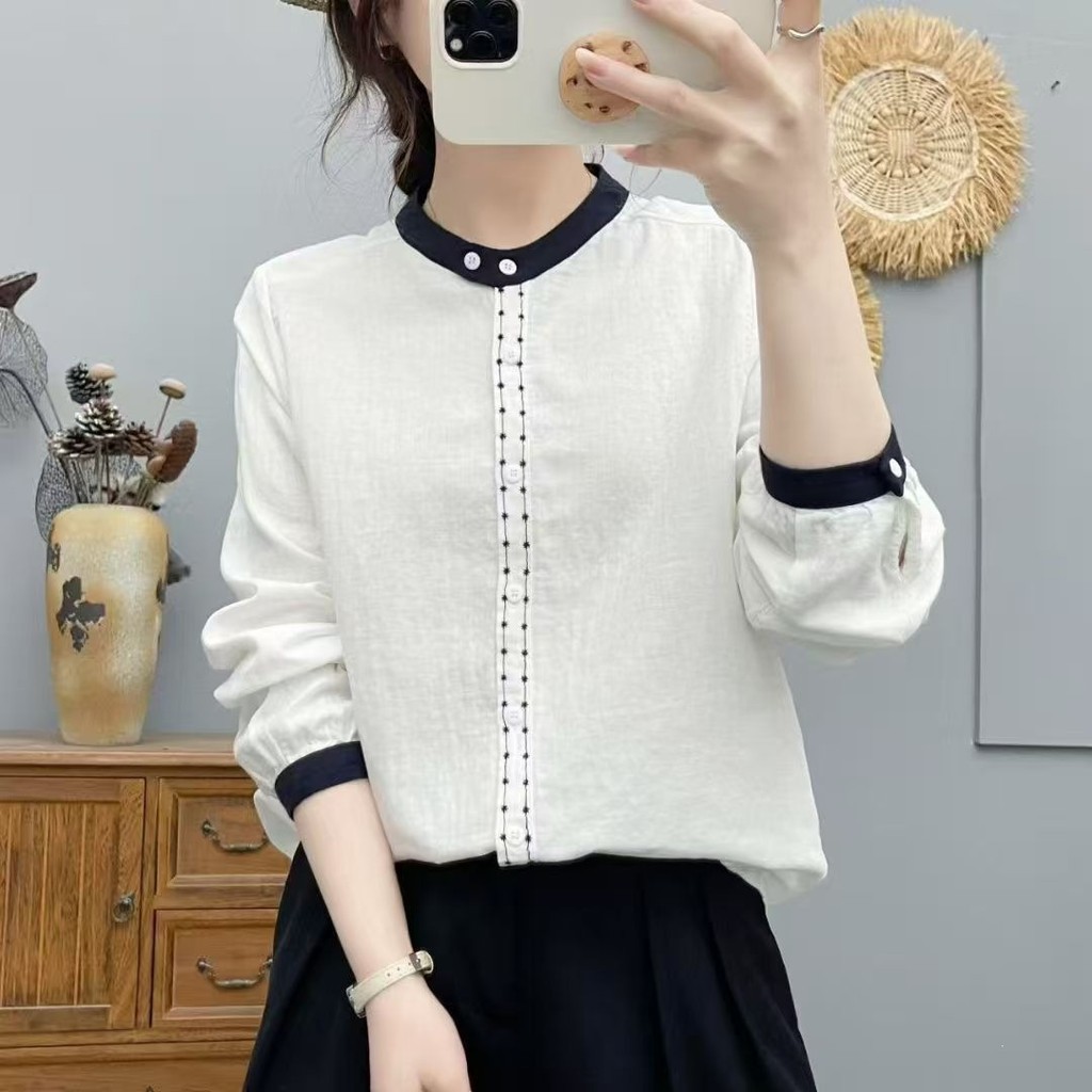 Sơ mi nữ cotton chất lượng cao, dáng rộng màu tương phản, style đại học