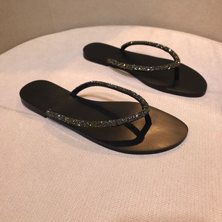 224 Mùa Hè Với Kim Cương Flip-Flops Flat Flip-Flops Mặc Ngoài Dép Đi Biển Dép Nữ Đen Phù Hợp Với CIH