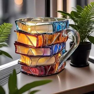 新款高硼硅玻璃杯彩绘书本咖啡杯3D立体杯子堆叠马克杯早餐牛奶杯