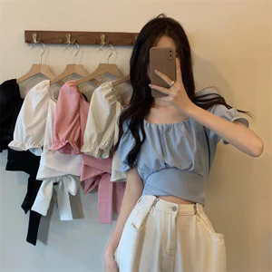 Shop 2025 Thiết Kế Mùa Xuân Ngắn Lưng Nơ Ren Áo Sơ Mi Tay Ngắn Thường Ngày Hàng Đầu Nữ
