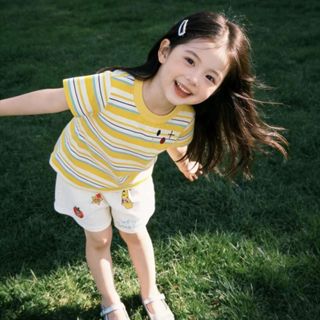 Set đồ cho bé áo thun sọc – Cotton mềm thoáng mát, quần short in hình dễ thương, phong cách Hàn Quốc