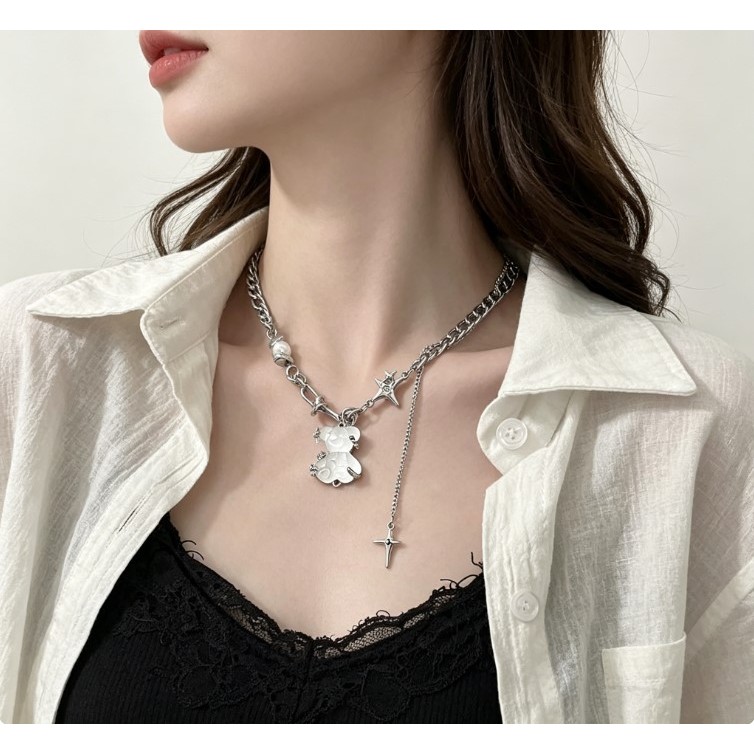 Dây chuyền thời trang hình gấu trắng và ngôi sao, phù hợp cho nữ