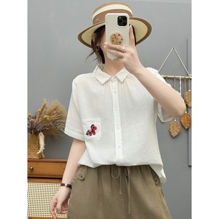 Áo sơ mi nữ cotton cao cấp, họa tiết hoạt hình mùa hè, túi thêu pony rời