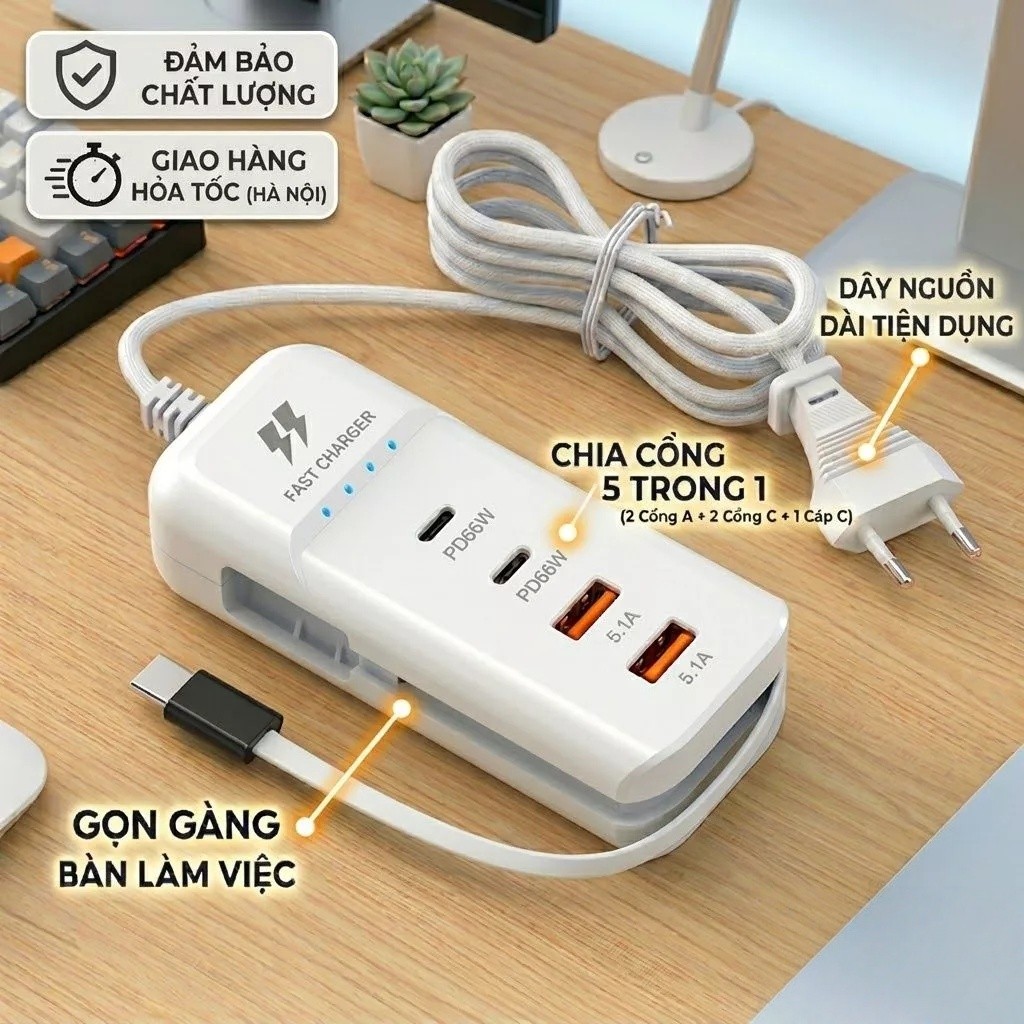 【Hot】Trạm Sạc Để Bàn Nhiều Cổng: USB Type C, dây kéo dài, đa năng sạc điện thoại. An toàn chống cháy!