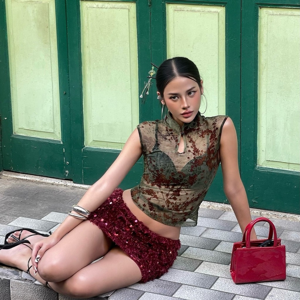 CuteNew Áo Tank Top Nữ Gợi Cảm Hoa Mai In Hình, Co Dãn, Thích Hợp Cho Câu Lạc Bộ Và Đường Phố