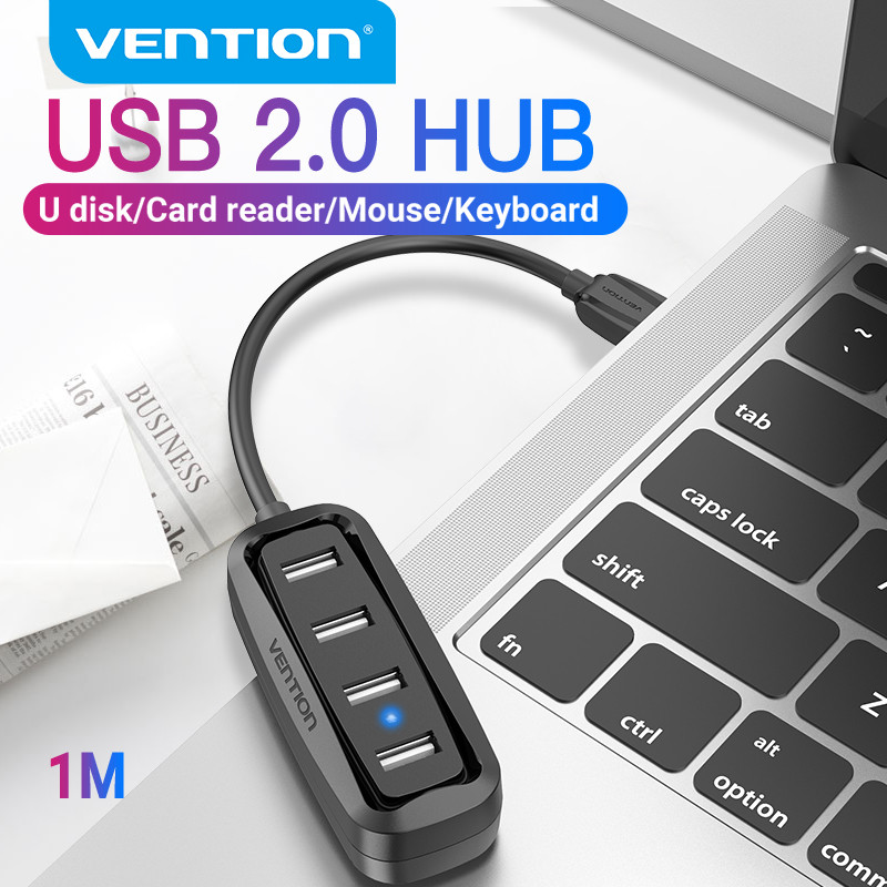 Hub Chia USB 4 Cổng Vention USB2.0 Có LED - Bộ Chia USB Adapter Cho Laptop PC MatBook Tốc Độ 480Mbps