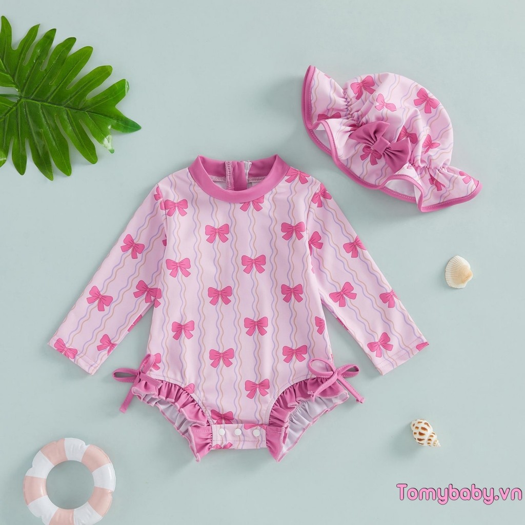 Đồ bơi bé gái dài tay in nơ có mũ để tắm mùa hè
