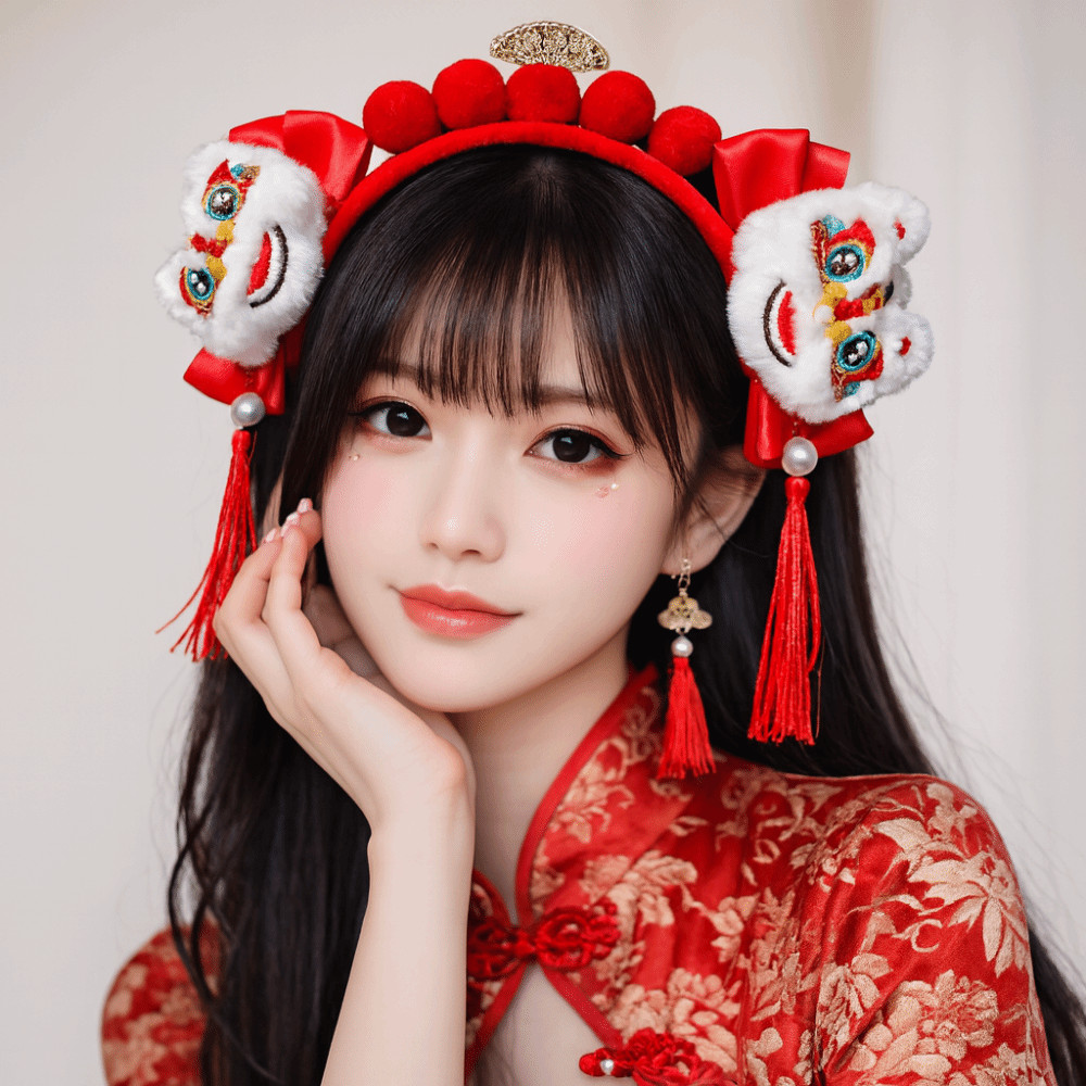 Vòng Tóc Năm Mới với Nơ Thêu Đỏ Sang Trọng, Phù Hợp cho Lễ Hội Hanfu
