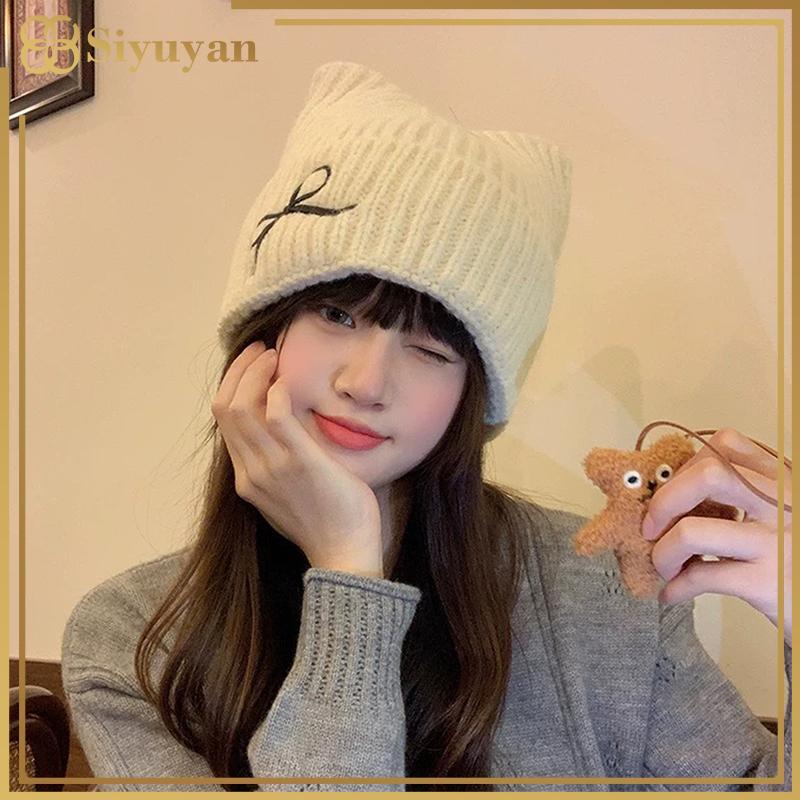 Mũ Bé Gái Siyuyan Tai Dễ Thương Thu Đông Mũ Dệt Kim Mới Mùa Đông Nơ Ấm Áp Mũ Nhỏ Chống Lạnh Mũ Ấm Áp 1PC VN