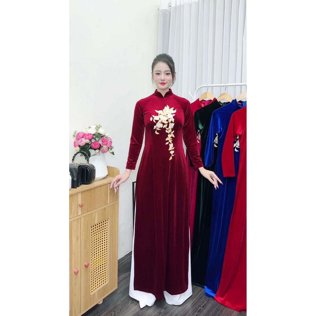 Áo dài truyền thống, Áo dài nhung thêu cho mẹ, Áo dài cổ trụ, Áo dài chất liệu nhung tuyết mềm mịn, Áo dài Thăng Long