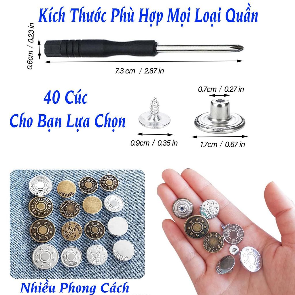 [Hộp 40 Cúc Tặng Kèm Tô Vít] Bộ 40 Cúc Quần Jean Bằng Kim Loại Có Thể Tháo Rời Đường Kính 17mm, Thiết Kế Mosaic