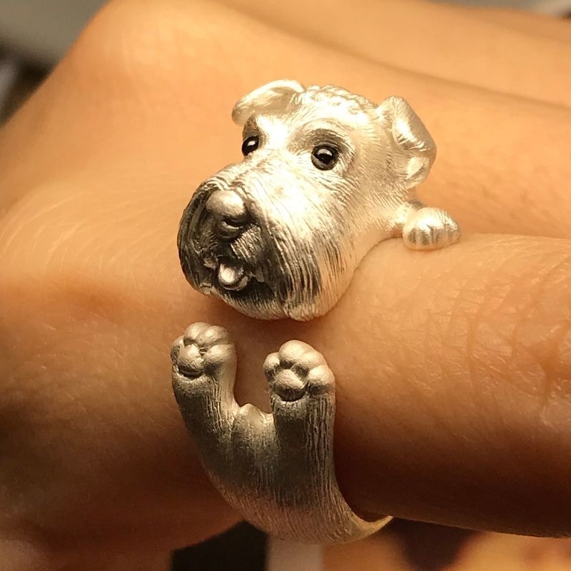 Thiết Kế Ban Đầu Handmade Schnauzer Puppy Động Vật Nhẫn Mở Nhẫn Kẻ Sọc Cặp Đôi Chữ Miễn Phí Tanabata