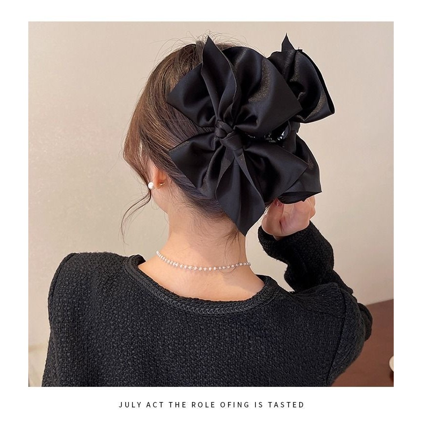Đen Satin Kẹp Tóc Với Nơ Lớn, Chất Liệu Vải Cá Mập, Phụ Kiện Stylist Cho Nữ