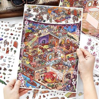 ENWEI 4 Cái [Dòng Lâu Đài] Nhãn Dán Phong Cảnh 3D Chống Nước Cực Lớn Dungeon Phiêu Lưu Phong Cách Hoạt Hình Cho Thêu Sò Nhật Ký Đồ Thủ Công DIY