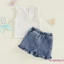 Bộ trang phục 2 món dành cho bé gái Áo cổ tròn không tay đính hoa + Bộ quần short Denim