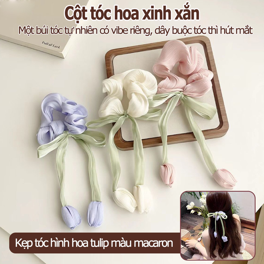 Hoa Tulip Scrunchies Dây Buộc Tóc Cho Nữ Cô Gái Satin Tóc Dây Cao Su Đàn Organ Phụ Kiện Tóc Hàn Quốc Có Treo