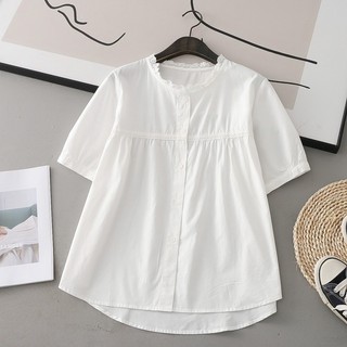 <![CDATA[Áo sơ mi nữ sợi cotton cao cấp, phong cách đại học, cổ tròn tay ngắn]]>