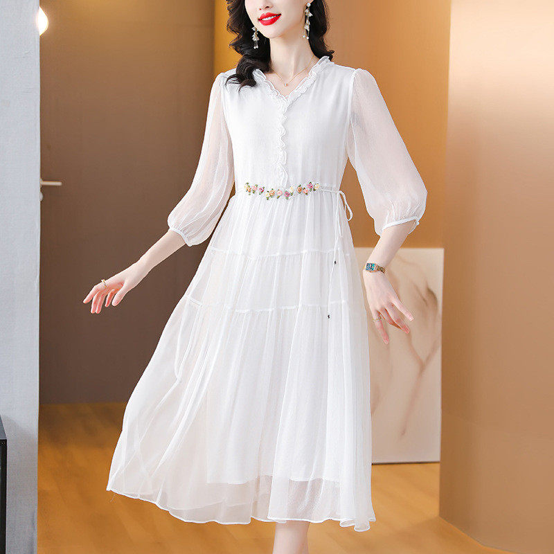 Đầm nữ cỡ lớn với thiết kế ôm eo thời trang, cổ áo xếp ly, tay áo ba phần tư, phong cách mùa hè mới,đầm dài vừa