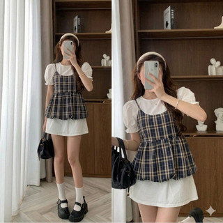 Set Áo Yếm Kẻ Caro Mix Áo Tay Phồng Tiểu ThưHàn Quốc, Set Áo Tiểu Thư Siêu Xinh