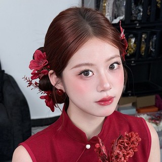 Phụ kiện tóc cưới phong cách Trung Quốc mới Bộ kẹp tóc hoa đỏ phong cách retro