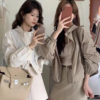 Nova Áo Khoác Gió Nữ Croptop Dáng Lửng Chất Vải Gió Nhăn Cao Cấp,Mũ Trùm Đầu Dây Rút