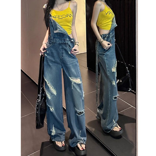 Quần yếm denim Nữ phong cách retro Mỹ trẻ trung, thiết kế mới mùa hè, quần rộng ống rộng thoải mái