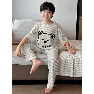 Đồ bộ ngủ trẻ em sọc gấu dễ thương – áo thun + quần dài/ngắn, mềm mịn thoáng mát, mặc nhà unisex