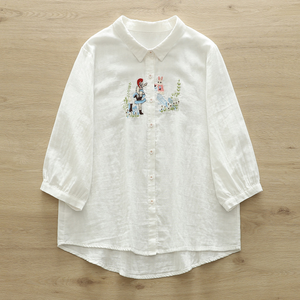 Áo sơ mi nữ dáng rộng chất liệu cotton trắng, họa tiết thêu hoạt hình bé gái, phong cách Nhật Bản