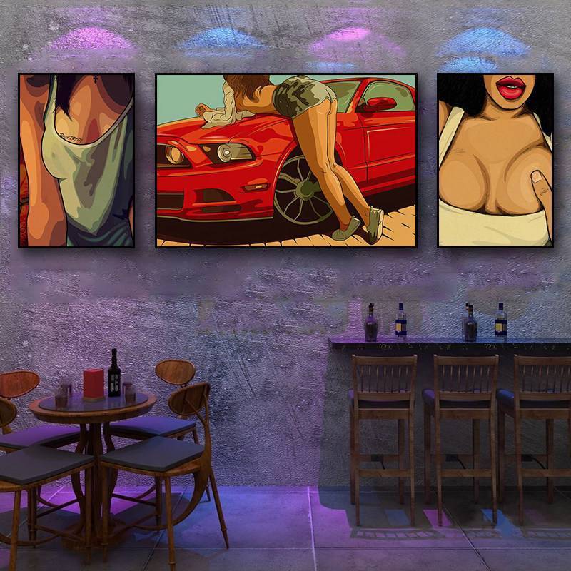 American Retro Bar Canvas Painting No Frame, Wall Art for Pub, KTV Box, Bathroom & Toilet Decor