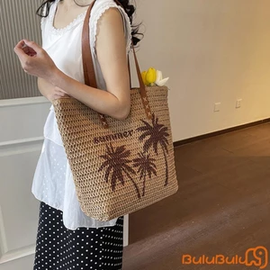 Túi đeo vai bằng rơm dành cho nữ Túi tote đi biển in hình cây dừa để đi lại hàng ngày