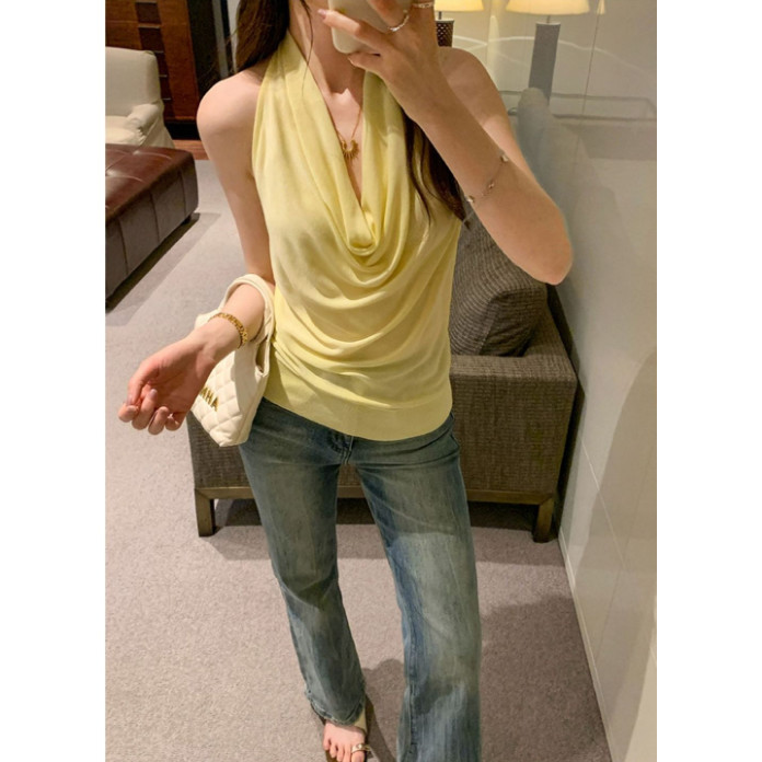 Milyfashion Áo sơ mi form rộng màu cà phê retro thắt nút cổ dây ngắn, phù hợp thời trang mùa hè