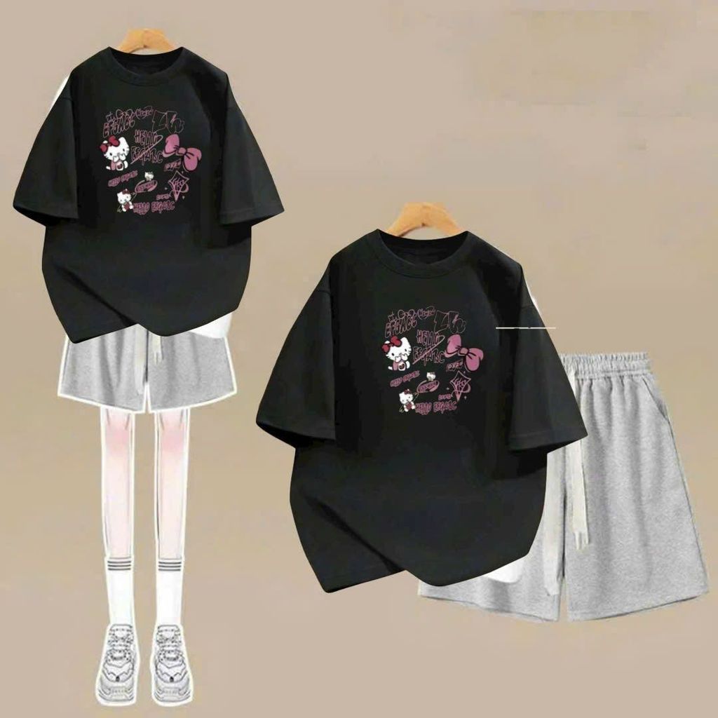 sét bộ quần đùi cộc dây to trơn+mix áo phông form rộng in hình mèo cute-SHOP THỜI TRANG THU BIO